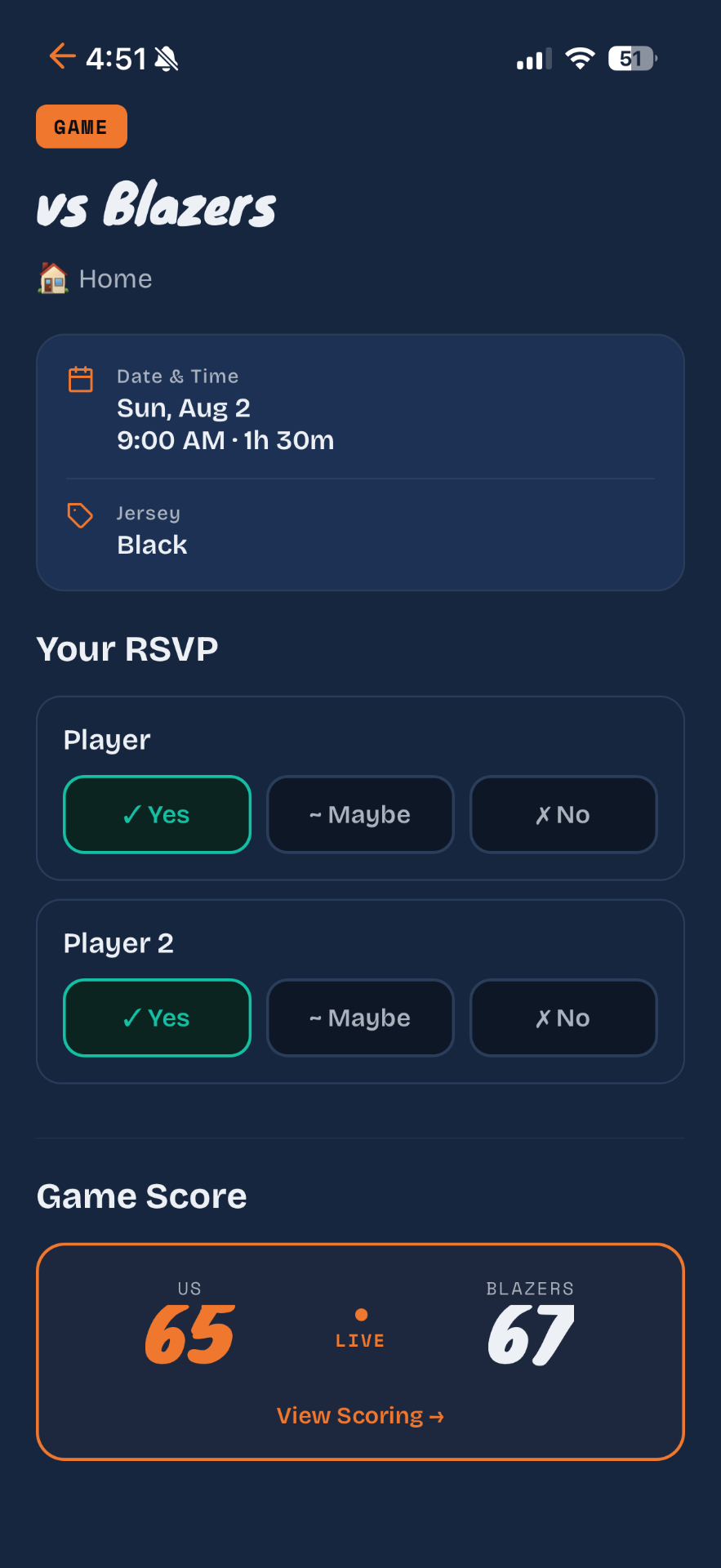 RSVP + live score in one place